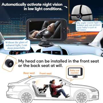 Baby Car Camera for Backseat 1080P - HD Crystal Night Vision, Easy to Install, 360° Rotation, Protect Baby's Eye, Dual Power (USB & Cigaretter) - Rear Facing Car Seat Camera for Newborn, Infant, Kids