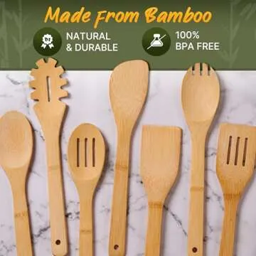 Wooden Utensil Set, Bamboo Utensils – 7 PCs Wood Spoons for Cooking, Easy to Clean, Sturdy, Lightweight & Heat Resistant