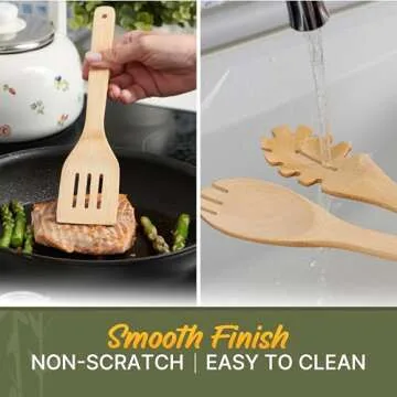 Wooden Utensil Set, Bamboo Utensils – 7 PCs Wood Spoons for Cooking, Easy to Clean, Sturdy, Lightweight & Heat Resistant