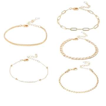Set of 5 Different Dainty Gold Chain Bracelets Set for Women Gold Plated Link Chain Bracelets for Women Trendy Gold Stackable Cuff Bracelets for Jewelry Gifts Women Adjustable Bracelet