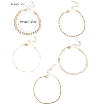 Set of 5 Different Dainty Gold Chain Bracelets Set for Women Gold Plated Link Chain Bracelets for Women Trendy Gold Stackable Cuff Bracelets for Jewelry Gifts Women Adjustable Bracelet
