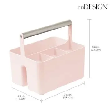 mDesign Under Sink Storage – Plastic and Metal Bathroom Caddy – Portable Cosmetics Storage Organiser – Light Pink/Matte Silver