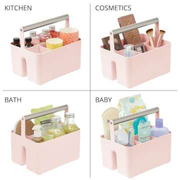 mDesign Under Sink Storage – Plastic and Metal Bathroom Caddy – Portable Cosmetics Storage Organiser – Light Pink/Matte Silver