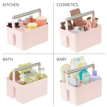 mDesign Under Sink Storage – Plastic and Metal Bathroom Caddy – Portable Cosmetics Storage Organiser – Light Pink/Matte Silver