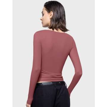 PUMIEY Long Sleeve Shirts for Women Sweetheart Neck, Slim Fit Basic Going Out Tops, Marsala Medium