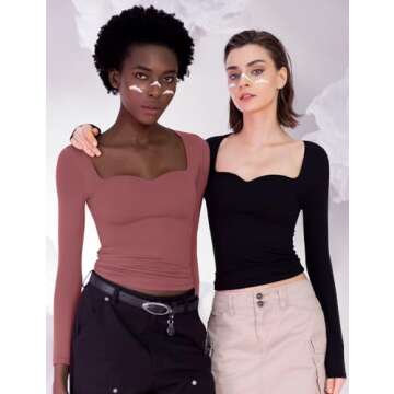 PUMIEY Long Sleeve Shirts for Women Sweetheart Neck, Slim Fit Basic Going Out Tops, Marsala Medium