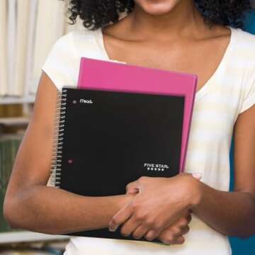 Five Star Spiral Notebook Plus Study App, 5 Subject, Wide Ruled Paper, Fights Ink Bleed, Water Resistant Cover, 8" x 10-1/2", 200 Sheets, Black (72045)