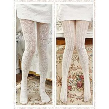 Jiuguva 2 Pieces Hollow out Knitted Patterned Stockings Tights Vertical Strips Pantyhose Cable Knit White Lace Tights Women White Fishnet Stockings, One Size