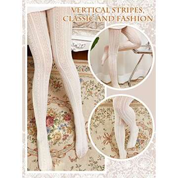 Jiuguva 2 Pieces Hollow out Knitted Patterned Stockings Tights Vertical Strips Pantyhose Cable Knit White Lace Tights Women White Fishnet Stockings, One Size