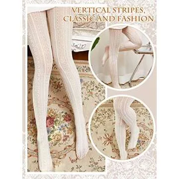 Jiuguva 2 Pieces Hollow out Knitted Patterned Stockings Tights Vertical Strips Pantyhose Cable Knit White Lace Tights Women White Fishnet Stockings, One Size