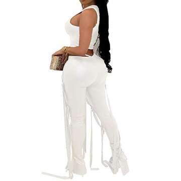 MESLIMA Women's Sexy 2 Piece Outfits Sleeveless Tank Top Solid Lace Up String Split Bodycon Pants Set Clubwear White S