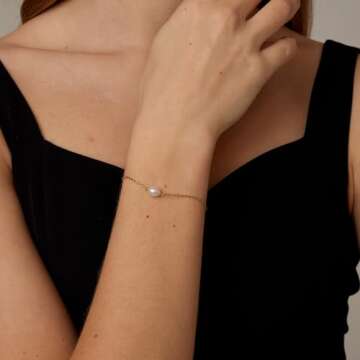 foyjoey 18K Gold Plated Tiny Pearl Bracelets for Women Simple Gold Single Pearl Chain Bracelet Stain...