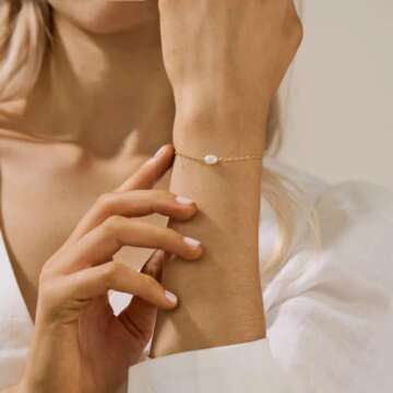 foyjoey 18K Gold Plated Tiny Pearl Bracelets for Women Simple Gold Single Pearl Chain Bracelet Stainless Steel Dainty Bracelet Bridesmaid Jewelry