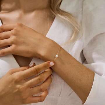 foyjoey 18K Gold Plated Tiny Pearl Bracelets for Women Simple Gold Single Pearl Chain Bracelet Stainless Steel Dainty Bracelet Bridesmaid Jewelry