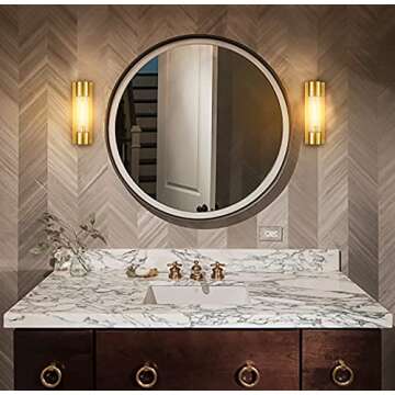 DEYNITE Modern Bathroom Vanity Light Brass Wall Sconce Mirror with Crackle Glass Shade for Hallway