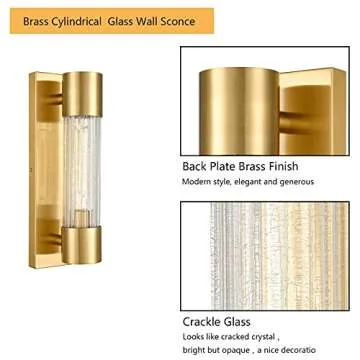 DEYNITE Modern Bathroom Vanity Light Brass Wall Sconce Mirror with Crackle Glass Shade for Hallway
