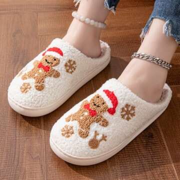 FRGITYGIFT Christmas Slippers for Women Men, Soft Plush Warm House Slippers, Reindeer Santa Claus Cartoon Slippers, Comfy Indoor Outdoor Slip On House Shoes, Christmas Halloween Gifts