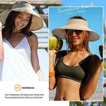 Simplicity Sun Hats for Women Fashionable Womens Wide Brim Hat Roll-up Straw Sun Visor Hat Beige/Whi...