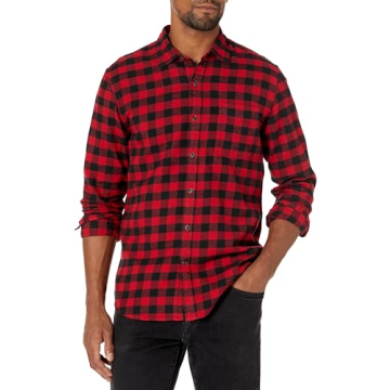 Amazon Essentials Men's Flannel Shirts Long Sleeve, Slim-Fit Button Down Plaid, Black Red Buffalo Pl...
