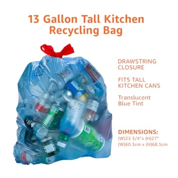 Amazon Basics Blue Drawstring Recycling Bags 13 Gallon - 60 Count