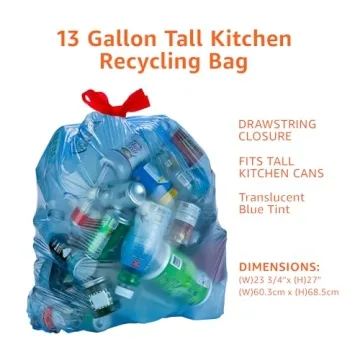 Amazon Basics Blue Drawstring Recycling Bags 13 Gallon - 60 Count
