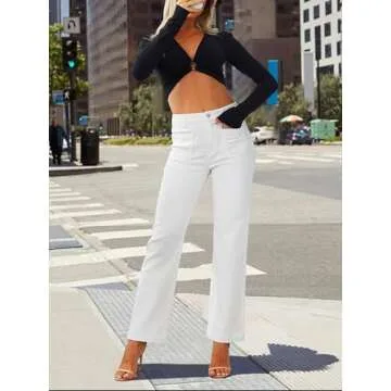 Genleck Wide Leg Jeans for Women – High Waisted Stretch Front Patch Pockets Trendy Jeans Baggy Mom Tummy Control Denim Pants(2, White)