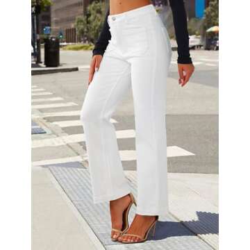Genleck Wide Leg Jeans for Women – High Waisted Stretch Front Patch Pockets Trendy Jeans Baggy Mom Tummy Control Denim Pants(2, White)