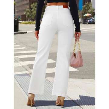 Genleck Wide Leg Jeans for Women – High Waisted Stretch Front Patch Pockets Trendy Jeans Baggy Mom Tummy Control Denim Pants(2, White)