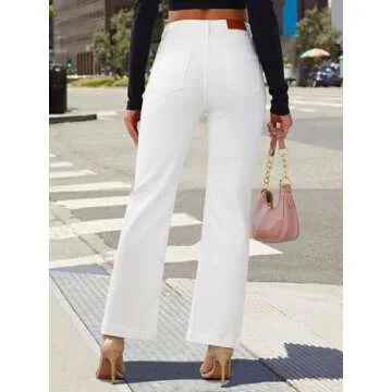 Genleck Wide Leg Jeans for Women – High Waisted Stretch Front Patch Pockets Trendy Jeans Baggy Mom Tummy Control Denim Pants(2, White)