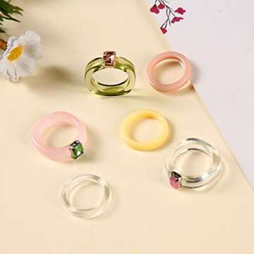 AIDSOTOU 15 Pcs Resin Rings Acrylic Colorful Trendy Rings Cute Rhinestone Rings Jewelry Plastic Resi...