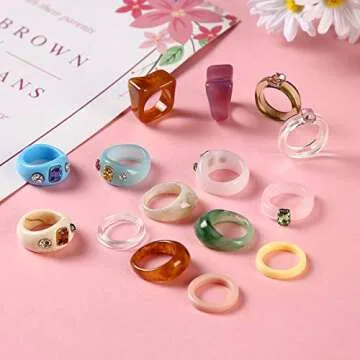 AIDSOTOU 15 Pcs Resin Rings Acrylic Colorful Trendy Rings Cute Rhinestone Rings Jewelry Plastic Resin Square Gem Stackable Chunky Ring for Women