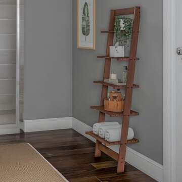 5-Tier Ladder Shelf - 50-Inch Narrow Leaning Bookshelf - Wooden Bookcase for Living Room, Bathroom, ...