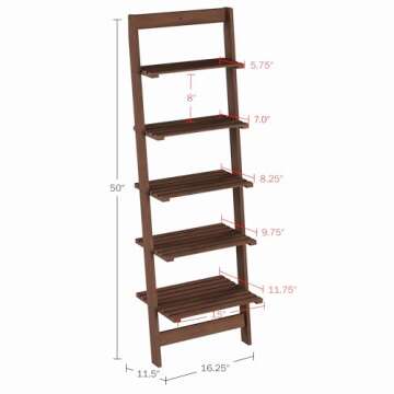 5-Tier Ladder Shelf - 50-Inch Narrow Leaning Bookshelf - Wooden Bookcase for Living Room, Bathroom, Kitchen, Office, or Bedroom Furniture by Lavish Home (Walnut)