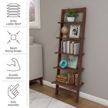 5-Tier Ladder Shelf - 50-Inch Narrow Leaning Bookshelf - Wooden Bookcase for Living Room, Bathroom, Kitchen, Office, or Bedroom Furniture by Lavish Home (Walnut)