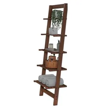 5-Tier Ladder Shelf - 50-Inch Narrow Leaning Bookshelf - Wooden Bookcase for Living Room, Bathroom, Kitchen, Office, or Bedroom Furniture by Lavish Home (Walnut)