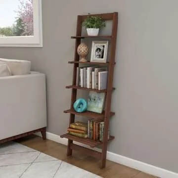 5-Tier Ladder Shelf - 50-Inch Narrow Leaning Bookshelf - Wooden Bookcase for Living Room, Bathroom, Kitchen, Office, or Bedroom Furniture by Lavish Home (Walnut)