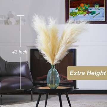 MDODM Faux Pampas Grass, Tall and Non-Shedding Artificial Pompous Grass Decor, Bulrush Decor for Large Boho Vase, Extra Large Fake Fluffy Flower for Living Room and Home (43 inch,3 Pcs, Cream), G400