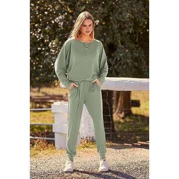 PRETTYGARDEN Women's Fall Fashion Outfits 2 Piece Sweatsuit Long Sleeve Pullover Long Pants Ribbed Matching Lounge Set (Bean Green,Small)