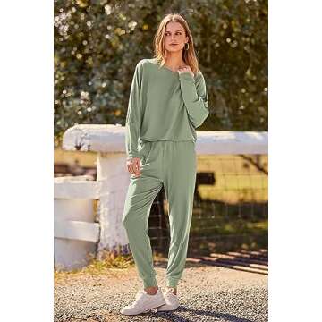 PRETTYGARDEN Women's Fall Fashion Outfits 2 Piece Sweatsuit Long Sleeve Pullover Long Pants Ribbed Matching Lounge Set (Bean Green,Small)