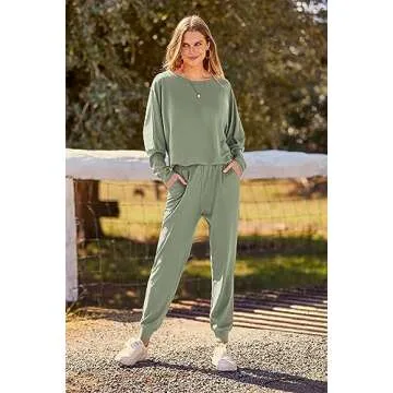 PRETTYGARDEN Women's Fall Fashion Outfits 2 Piece Sweatsuit Long Sleeve Pullover Long Pants Ribbed Matching Lounge Set (Bean Green,Small)
