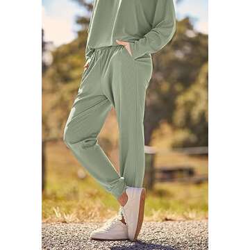 PRETTYGARDEN Women's Fall Fashion Outfits 2 Piece Sweatsuit Long Sleeve Pullover Long Pants Ribbed Matching Lounge Set (Bean Green,Small)