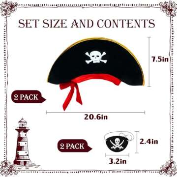 KHC-KHF 2pieces Skull Print Caribbean Captain Pirate Hat, Costume Accessories for Dress-up Theme Party Decor and Cosplay