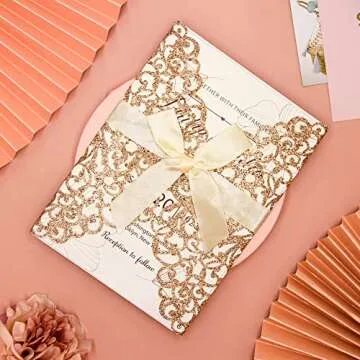 PCORES Laser Cut Invitations, 25pcs Wedding Invitation with Envelope, Blank Inner Sheet and Ribbon, Quinceanera Invitations for Wedding Invite(5.2" x 7.17", Rose Gold)