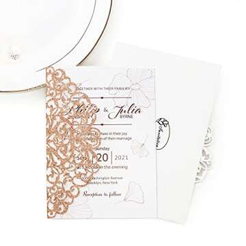 PCORES Laser Cut Invitations, 25pcs Wedding Invitation with Envelope, Blank Inner Sheet and Ribbon, Quinceanera Invitations for Wedding Invite(5.2" x 7.17", Rose Gold)