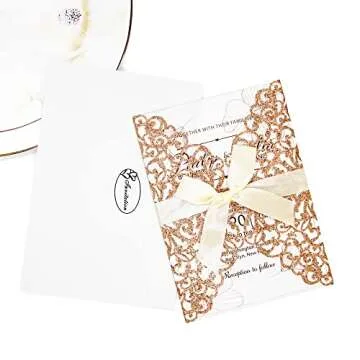 PCORES Laser Cut Invitations, 25pcs Wedding Invitation with Envelope, Blank Inner Sheet and Ribbon, Quinceanera Invitations for Wedding Invite(5.2" x 7.17", Rose Gold)
