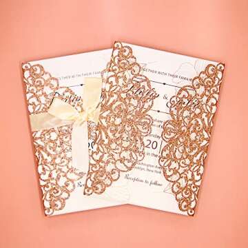 PCORES Laser Cut Invitations, 25pcs Wedding Invitation with Envelope, Blank Inner Sheet and Ribbon, Quinceanera Invitations for Wedding Invite(5.2" x 7.17", Rose Gold)