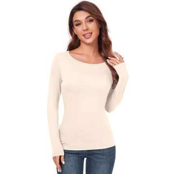 Women's Crew Neck Tops Long Sleeve Slim Fitted T Shirt Thermal Shirts Basic Tight Tee Beige Large