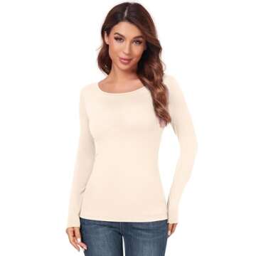 Women's Crew Neck Tops Long Sleeve Slim Fitted T Shirt Thermal Shirts Basic Tight Tee Beige Large