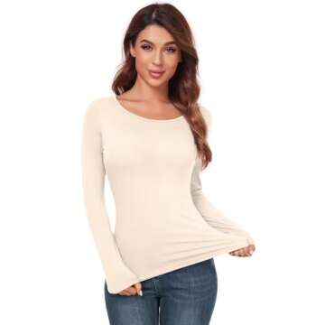 Women's Crew Neck Tops Long Sleeve Slim Fitted T Shirt Thermal Shirts Basic Tight Tee Beige Large