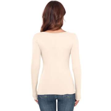 Women's Crew Neck Tops Long Sleeve Slim Fitted T Shirt Thermal Shirts Basic Tight Tee Beige Large
